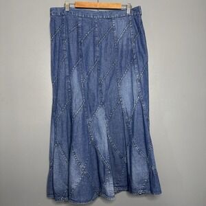 Vintage Studio West Denim Maxi Skirt Patchwork Sz XL Y2K Grunge Fairy Boho Retro